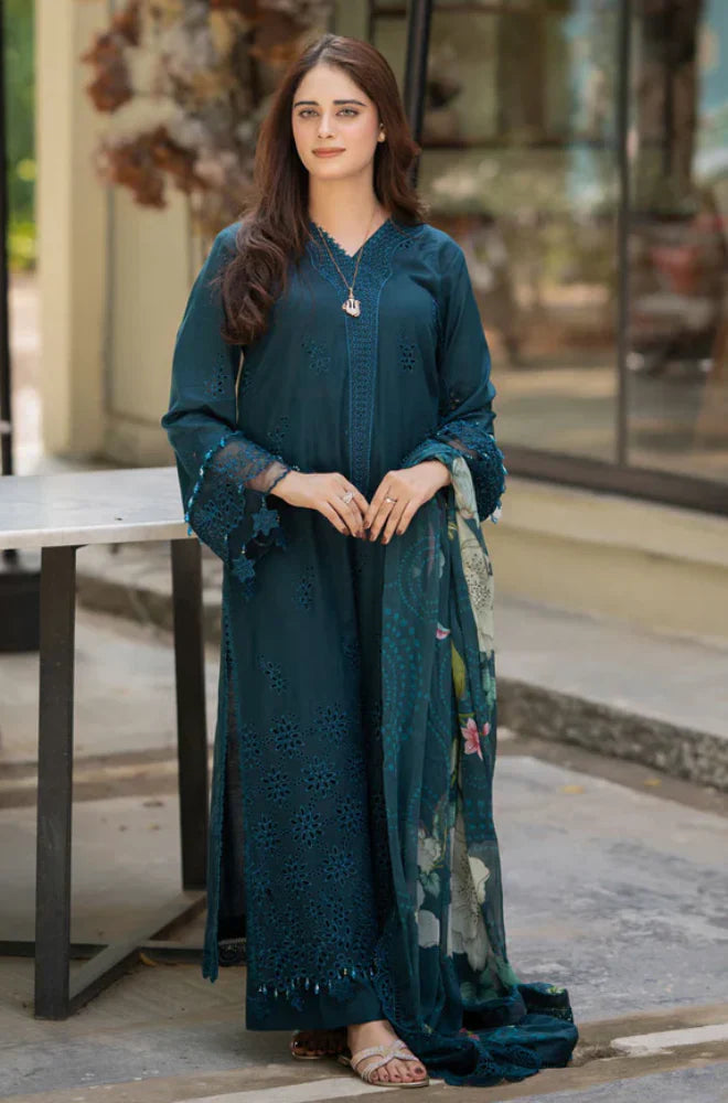 Breeze - 3PC Lawn Chikankari Embroidered Shirt with Monar Printed Dupatta and Trouser - SS106